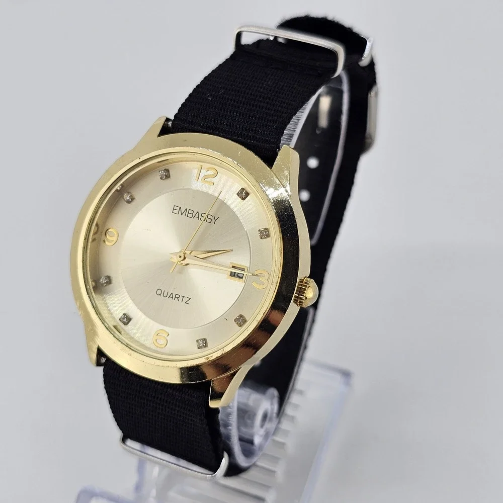 Embassy Men's Analog Watch 38MM Gold Dial Date NEW Black Canvas Band NEW Battery